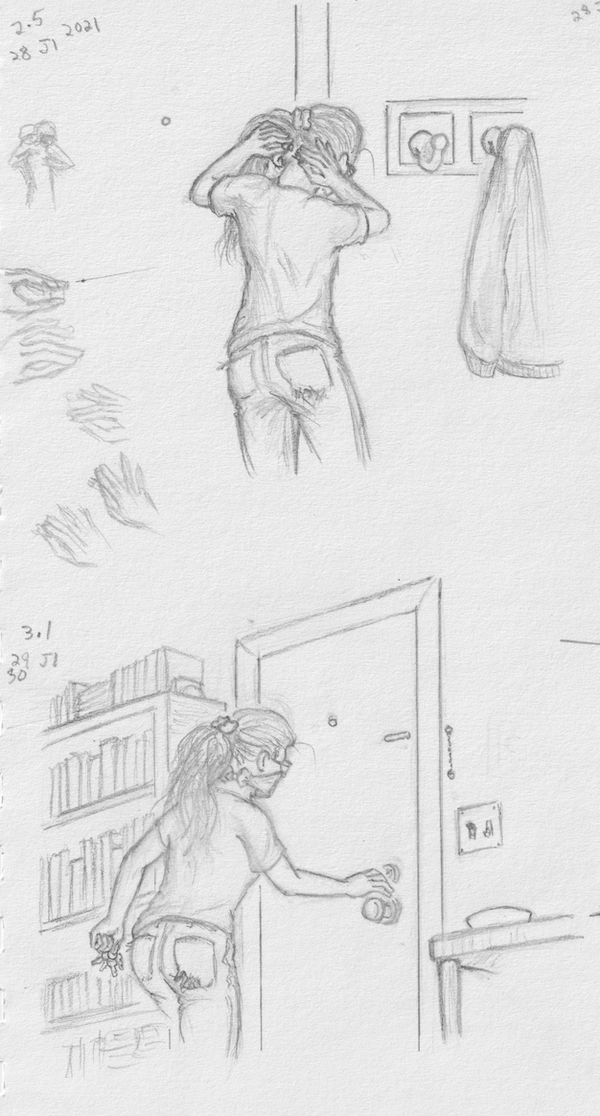 pencil drawings of someone putting on a mask facing a door, then reaching for the door knob to go out; also some badly sketched hands