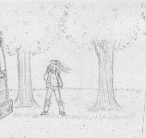 pencil drawing of someone standng between two trees in a breeze while talking on the phone