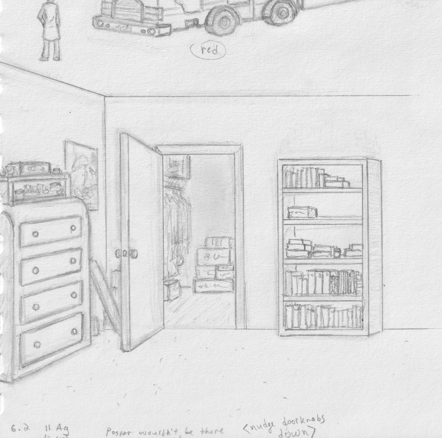 pencil drawing of the corner of a room with dresser, bookcase, and a view into a closet