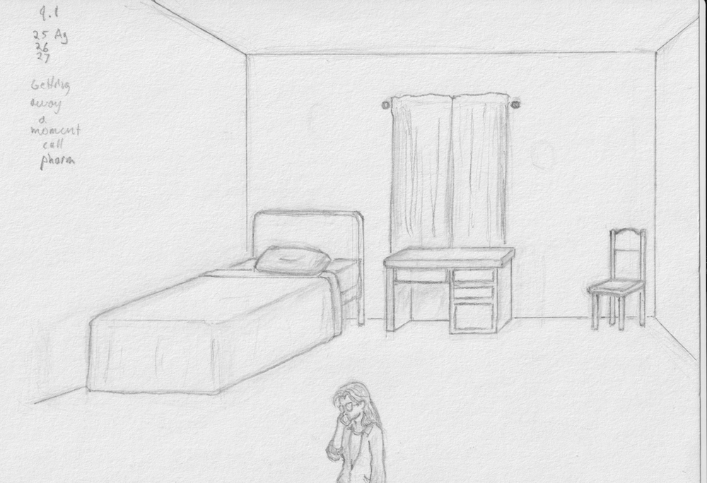 pencil drawing of the inside of a room with a bed, a curtained window, an empty desk, and one chair
