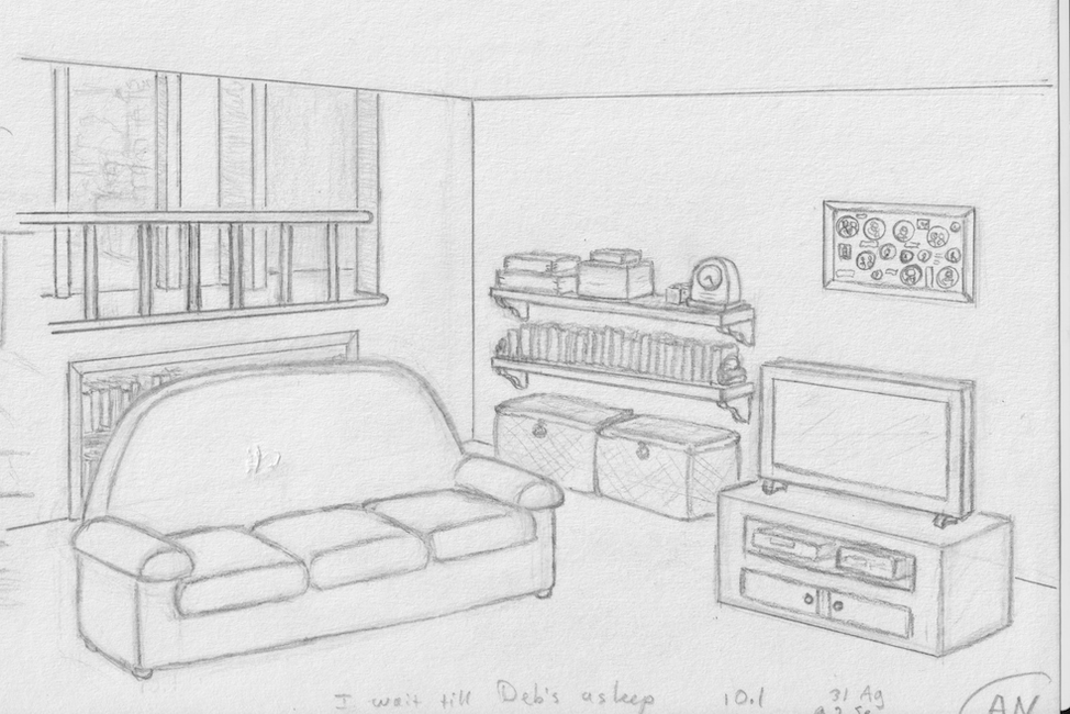 pencil drawing of the den in someone's house, with shelving, books, knickknacks, large wicker baskets, a couch, and a TV