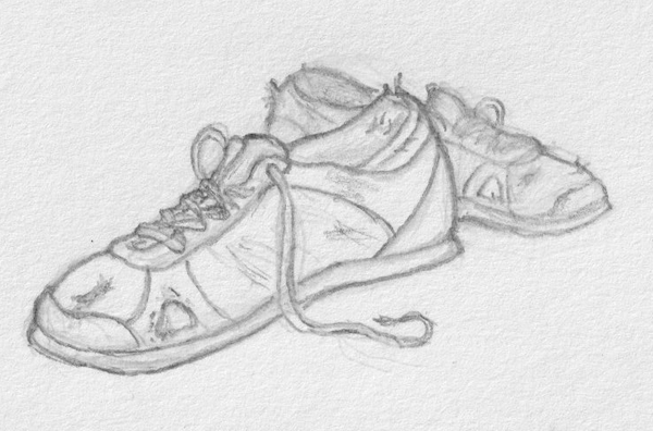 pencil drawing of a pair of ratty tennis shoes