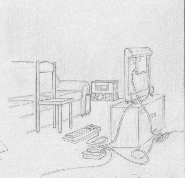 pencil drawing of a chair in front of a couch facing a TV; a keyboard and cables are on the floor