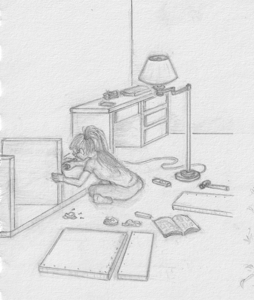 pencil drawing of someone sitting on the floor, seen from one side and behind, leaning forward to work on a broad upright piece of wood attached at the bottom to a longer piece of wood flat on the floor; a lamp is near her, its arm extended towards her; a desk is in the corner of the room beyond her; an instruction manual is open behind her between other broad pieces of wood and some vague small packages and a hammer