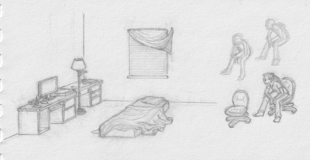 pencil drawing of part of a room showing two desks along the left wall; a window with horizontal blinds is on the back wall; a makeshift curtain covers the top part of the window; in the floor is a mattress (no bed frame) mostly covered by a sheet, along with a lamp; to the right is an empty rolling office chair (no arms), rough sketches of someone sitting, and a more finished drawing of someone sitting in a chair