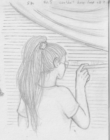 pencil drawing of a woman seen from behind about rib level and higher, using one finger to pull down the horizontal blinds enough to look out; her hair is in a high ponytail