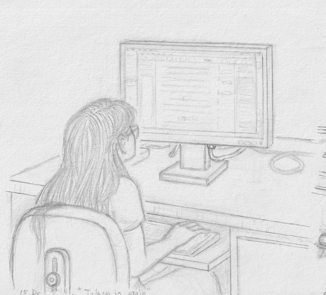 pencil drawing of someone seen from behind looking at a wide computer monitor; she has one hand on a keyboard on a shelf sticking out from under the desk; she is sitting low with her neck in a position that might be uncomfortable