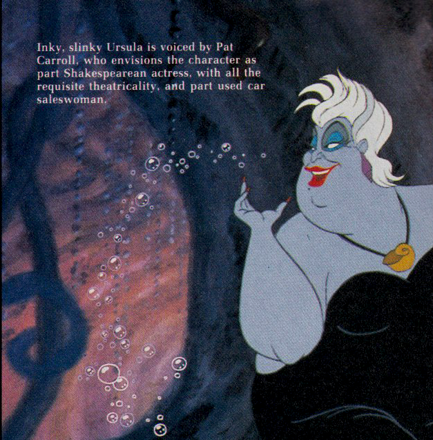 detail of page 38 of Comics Scene issue 11 (Feb. 1990), showing an animation still of Ursula from Disnely’s Little Mermaid overlaid with the following text: “Inky, slinky Ursula is voiced by Pat Carroll, who envisions the character as part Shakespearean actress, with all the requisite theatricality, and part used car saleswoman.”
